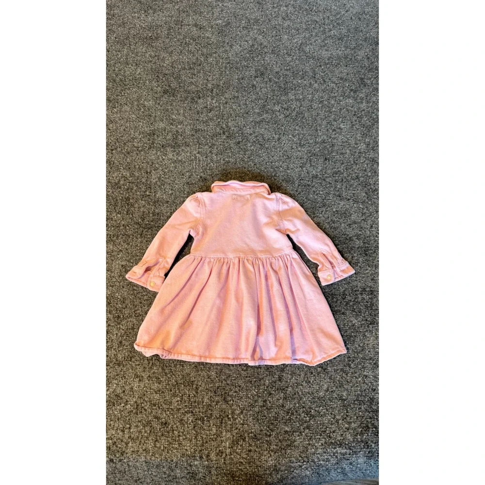Ralph Lauren Baby Girls Pink Cotton Pique Polo Button Front Dress 9M Long Sleeve